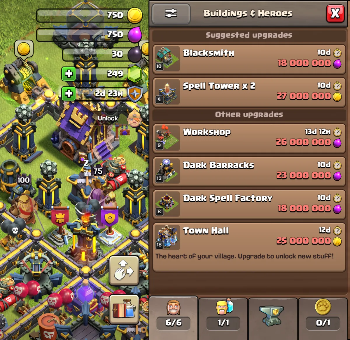 The Buildings and Heroes tab of the new Build menu, with Suggested upgrades first and the four tab icons along the bottom