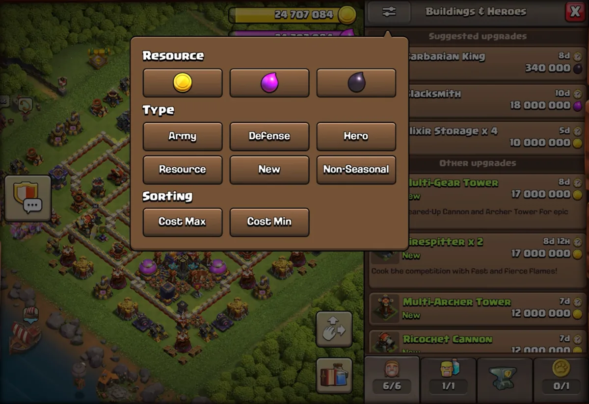 The filter panel of the new Build menu: filter by resource or by type such as Army, Defense, Hero, Resource or New, and sort by cost