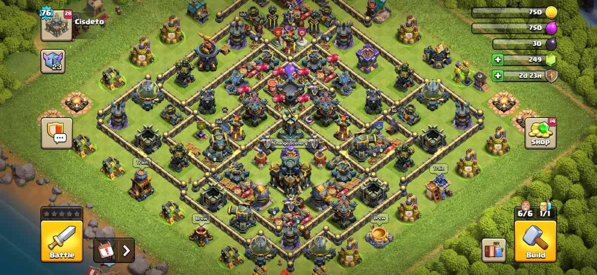 The new Clash of Clans home village screen: Battle button bottom-left, Build button bottom-right with the Magic Items button beside it, shield next to the resources top-right