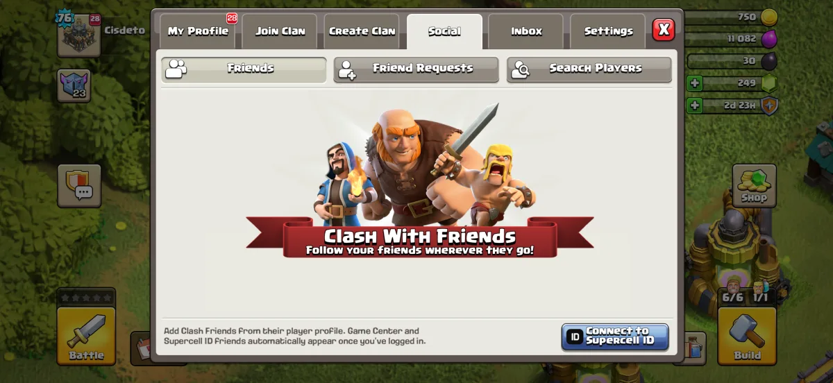 The Profile window in the new Clash of Clans interface with its tabs: My Profile, Join Clan, Create Clan, Social, Inbox and Settings