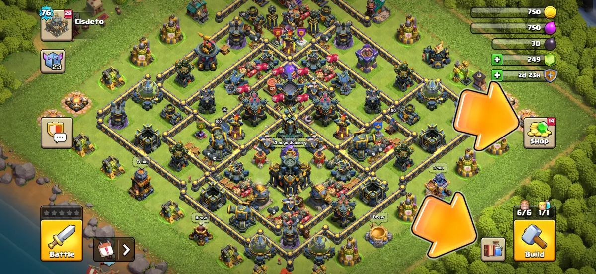 The new home screen with arrows pointing at the Shop button on the right and the Build button bottom-right, next to the Magic Items button